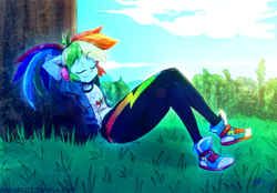 Size: 1447x1005 | Tagged: safe, artist:manic-the-lad, character:rainbow dash, my little pony:equestria girls, a dash of everything, alternate hairstyle, converse, female, shoes, solo
