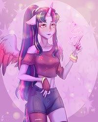 Size: 2000x2500 | Tagged: safe, artist:zefirka, character:twilight sparkle, character:twilight sparkle (alicorn), species:alicorn, species:anthro, species:pony, belly button, clothing, female, gloves, human facial structure, magic, ponytail, solo