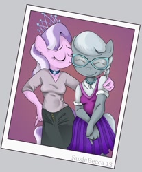 Size: 713x862 | Tagged: safe, artist:susiebeeca, character:diamond tiara, character:silver spoon, species:anthro, ship:silvertiara, female, glasses, happy, kissing, lesbian, shipping