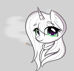 Size: 1080x1034 | Tagged: safe, artist:janelearts, oc, oc only, species:pony, species:unicorn, bust, cigarette, cute, gray background, monochrome, ocbetes, simple background, solo