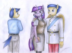 Size: 2057x1512 | Tagged: safe, artist:sinaherib, character:first base, character:flash sentry, character:twilight sparkle, character:twilight sparkle (alicorn), species:alicorn, species:anthro, species:pony, ship:flashlight, book, brothers, clothing, female, male, pants, shipping, shirt, siblings, straight, traditional art, vest