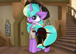 Size: 5787x4092 | Tagged: safe, artist:janelearts, oc, oc only, species:pony, species:unicorn, absurd resolution, commission, cute, door, female, mare, mouth hold, ocbetes, pirate, solo, stairs, sword, weapon