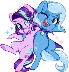 Size: 648x676 | Tagged: safe, artist:esmeia, character:starlight glimmer, character:trixie, species:pony, species:unicorn, bipedal, colored pupils, cute, diatrixes, duo, eye clipping through hair, glimmerbetes, one eye closed, open mouth, simple background, smiling, sparkles, transparent background, wink