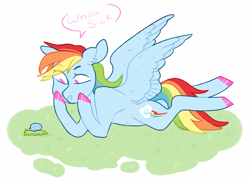 Size: 1020x738 | Tagged: safe, artist:jellybeanbullet, character:rainbow dash, species:pegasus, species:pony, colored hooves, dialogue, female, grass, hooves, lying down, mare, no pupils, prone, simple background, snail, solo, speech bubble, spread wings, white background, wings