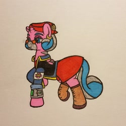 Size: 1973x1973 | Tagged: safe, artist:dice-warwick, oc, oc only, oc:harp melody, fallout equestria, clothing, dress, glasses, jacket, mirage pony, pipbuck, red hat, solo, traditional art, vest