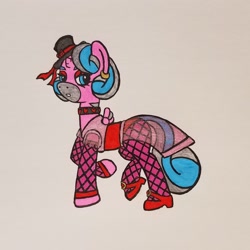 Size: 2086x2086 | Tagged: safe, artist:dice-warwick, oc, oc only, oc:harp melody, fallout equestria, choker, clothing, corset, dress, fishnets, horn, mirage pony, red shoes, small hat, small horn, small wings, solo, traditional art, wings