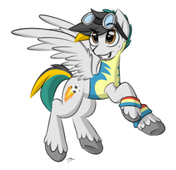 Size: 1500x1450 | Tagged: safe, artist:fakskis, oc, oc only, species:pegasus, species:pony, armband, beauty mark, clothing, colored sketch, commission, cutie mark, eyebrows, eyebrows visible through hair, flying, full body, goggles, male, shading, simple background, sketch, smiling, solo, spread wings, stallion, sweatband, teeth, underhoof, uniform, unshorn fetlocks, white background, wings, wonderbolts uniform