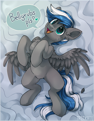 Size: 1864x2400 | Tagged: safe, artist:trickate, rcf community, oc, oc only, oc:cloud zapper, species:pegasus, species:pony, bedsheets, bellyrub request, chest fluff, dialogue, feather, featureless crotch, looking at you, lying on bed, male, pubic fluff, smiling, solo, speech bubble, spread wings, stallion, wings