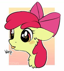 Size: 1313x1452 | Tagged: safe, artist:trickate, rcf community, character:apple bloom, species:pony, abstract background, adorabloom, big eyes, blep, blushing, bow, bust, cheek fluff, chest fluff, cute, ear fluff, female, filly, floppy ears, portrait, solo, tongue out