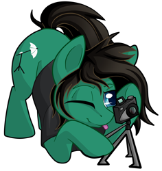 Size: 2173x2301 | Tagged: safe, artist:gleamydreams, species:earth pony, species:pony, bring me the horizon, camera, clothing, commission, face down ass up, male, one eye closed, photography, ponified, shirt, simple background, solo, stallion, t-shirt, tom sykes, tongue out, transparent background, underhoof, wink
