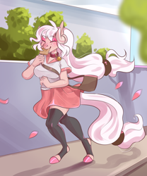 Size: 2480x2974 | Tagged: safe, artist:corelle-vairel, oc, oc only, species:anthro, species:earth pony, species:pony, species:unguligrade anthro, anthro oc, bell, bell collar, bread, cherry blossoms, clothing, collar, commission, eyes closed, female, flower, flower blossom, food, horns, mare, schoolgirl toast, skirt, solo, stockings, thigh highs, toast, zettai ryouiki