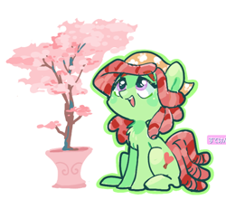 Size: 620x574 | Tagged: safe, artist:sibashen, character:tree hugger, species:earth pony, species:pony, cherry blossoms, chest fluff, cute, female, flower, flower blossom, huggerbetes, mare, open mouth, potted plant, simple background, sitting, solo, tree, white background