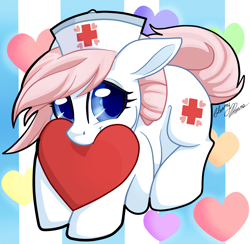 Size: 2263x2210 | Tagged: safe, artist:gleamydreams, character:nurse redheart, species:earth pony, species:pony, blue eyes, clothing, cute, female, hat, heart, heartabetes, looking at you, mare, nurse, smiling, smiling at you, solo