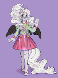 Size: 2652x3539 | Tagged: safe, artist:corelle-vairel, oc, oc only, species:anthro, species:pegasus, species:pony, species:unguligrade anthro, anthro oc, clothing, female, jacket, mare, purple background, shirt, simple background, skirt, solo