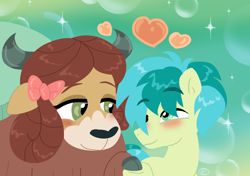Size: 1412x992 | Tagged: safe, artist:purfectprincessgirl, character:sandbar, character:yona, species:earth pony, species:pony, species:yak, ship:yonabar, abstract background, blushing, bow, cloven hooves, commission, cute, female, floating heart, hair bow, heart, holding hooves, interspecies, lidded eyes, looking at each other, male, monkey swings, sandabetes, shipping, smiling, straight, yonadorable