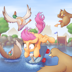 Size: 4000x4000 | Tagged: safe, artist:ohemo, character:scootaloo, species:bird, species:duck, species:mallard, species:pegasus, species:pony, absurd resolution, fail, female, filly, op, pond, ramp, scared, scenery, scootacrash, scooter, shrunken pupils, spread wings, this will end in tears and/or death and/or covered in tree sap, water, wings