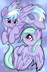 Size: 1816x2753 | Tagged: safe, artist:gleamydreams, character:cloudchaser, character:flitter, species:pegasus, species:pony, g4, bow, cute, cutechaser, duo, duo female, female, flitterbetes, flying, mare, multiple characters, playing, siblings, signature, sisters, smiling, tongue out, twins, wings