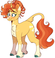 Size: 720x764 | Tagged: safe, artist:wanderingpegasus, character:sunburst, species:classical unicorn, species:pony, species:unicorn, blushing, cheek fluff, chest fluff, cloven hooves, cute, ear fluff, female, fluffy, leonine tail, long tail, mare, markings, missing accessory, pale belly, rule 63, rule63betes, simple background, solo, sunbetes, sunstone (g4 r63 sunburst), unshorn fetlocks, white background