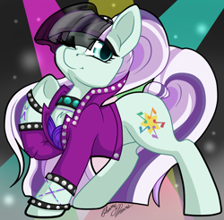 Size: 2256x2217 | Tagged: safe, artist:gleamydreams, character:coloratura, character:countess coloratura, species:earth pony, species:pony, bracelet, choker, clothing, eyeshadow, female, jacket, jewelry, looking at you, makeup, necklace, ponytail, smiling, solo, veil