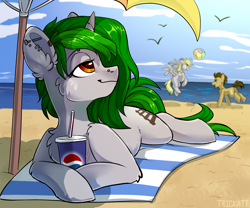 Size: 3000x2500 | Tagged: safe, artist:trickate, rcf community, character:derpy hooves, character:doctor whooves, character:time turner, oc, species:earth pony, species:pegasus, species:pony, species:unicorn, beach, female, male, mare, my little pony, ocean, pepsi, soda