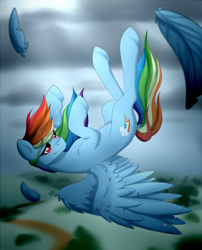Size: 1000x1240 | Tagged: safe, artist:dreamy, artist:littledreamycat, character:rainbow dash, species:pegasus, species:pony, backwards cutie mark, crying, falling, fanfic, feather, female, mare, smiling, solo, spread wings, story included, wings