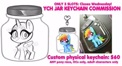 Size: 3081x1669 | Tagged: safe, artist:techycutie, character:rainbow dash, species:alicorn, species:pegasus, species:pony, commission, cursed image, female, jar, keychain, lewd container meme, photo, sale, the implications are horrible, your character here