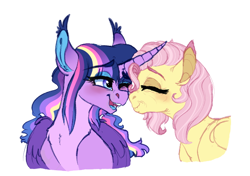 Size: 608x427 | Tagged: safe, artist:saphi-boo, character:fluttershy, character:twilight sparkle, character:twilight sparkle (alicorn), species:alicorn, species:pegasus, species:pony, ship:twishy, alternate design, boop, elderly, eyes closed, female, immortality blues, lesbian, noseboop, older, older fluttershy, one eye closed, shipping, simple background, white background