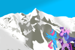 Size: 1500x1000 | Tagged: safe, artist:kourabiedes, character:princess luna, character:twilight sparkle, character:twilight sparkle (unicorn), character:wind whistler, species:pony, species:unicorn, g1, g1 to g4, generation leap, mountain, s1 luna, scenery