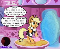 Size: 2114x1736 | Tagged: safe, artist:darktailsko, character:applejack, species:earth pony, species:pony, applejack's hat, apron, bipedal, clothing, commission, cowboy hat, dialogue, dress, duster, female, freckles, hat, implied rainbow dash, implied rarity, lip bite, lost bet, maid, mare, solo, speech bubble, watermark