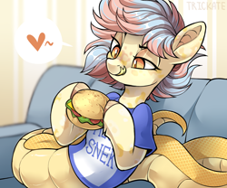 Size: 3000x2500 | Tagged: safe, artist:trickate, rcf community, oc, oc only, species:lamia, species:pony, burger, couch, fast food, food, licking, licking lips, original species, snake pony, tongue out