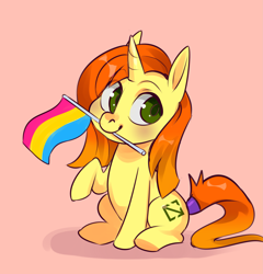 Size: 3807x3959 | Tagged: safe, artist:corelle-vairel, part of a set, oc, species:pony, species:unicorn, female, high res, mare, mouth hold, pansexual pride flag, pride, pride flag, solo, ych result