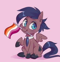 Size: 3748x3862 | Tagged: safe, artist:corelle-vairel, part of a set, oc, species:pegasus, species:pony, chibi, commission, female, lesbian pride flag, mare, mouth hold, necktie, pride, pride flag, solo, ych result