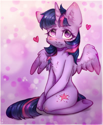 Size: 1055x1280 | Tagged: safe, artist:zefirka, character:twilight sparkle, character:twilight sparkle (alicorn), species:alicorn, species:pony, anatomically incorrect, blushing, chest fluff, cute, ear fluff, female, heart, incorrect leg anatomy, kneeling, looking at you, mare, semi-anthro, solo, twiabetes