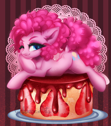 Size: 700x793 | Tagged: safe, artist:cabbage-arts, character:pinkie pie, species:earth pony, species:pony, adorasexy, beautiful, beautisexy, blue eyes, cake, cute, dessert, diapinkes, dock, ear fluff, featured on derpibooru, female, food, happy, looking at you, mare, mat, one eye closed, placemat, plate, prone, sauce, seductive, seductive pose, sexy, slice, smiling, smiling at you, solo, strawberry, strawberry sauce, strawberry slice, sultry pose, wink, ych result