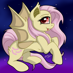 Size: 3066x3067 | Tagged: safe, artist:gleamydreams, character:flutterbat, character:fluttershy, species:bat pony, species:pony, bat ponified, bat wings, fangs, female, looking at you, mare, race swap, red eyes, solo, tongue out, wings