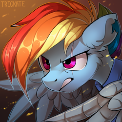 Size: 3000x3000 | Tagged: safe, artist:trickate, character:rainbow dash, species:pegasus, species:pony, episode:the cutie re-mark, alternate timeline, amputee, apocalypse dash, artificial wings, augmented, badass, bust, crystal war timeline, ear fluff, eye scar, female, high res, injured, mare, portrait, prosthetic limb, prosthetic wing, prosthetics, scar, solo, war, warrior, wings
