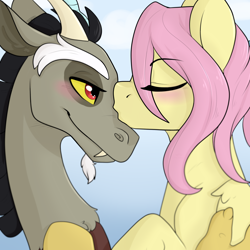 Size: 2000x2000 | Tagged: safe, artist:dreamy, artist:littledreamycat, character:discord, character:fluttershy, species:draconequus, species:pegasus, species:pony, ship:discoshy, female, high res, kissing, love, male, mare, shipping, straight
