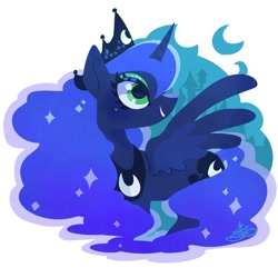 Size: 900x900 | Tagged: safe, artist:sibashen, character:princess luna, species:alicorn, species:pony, crescent moon, crown, cute, female, jewelry, lunabetes, mare, moon, profile, regalia, smiling, solo