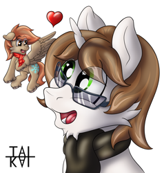 Size: 5000x5259 | Tagged: safe, artist:tai kai, oc, oc:tai, oc:winterlight, species:pegasus, species:pony, species:unicorn, clothing, floating heart, flying, glasses, heart, micro, scarf, simple background, size difference, sticker, tailight, tiny, transparent background