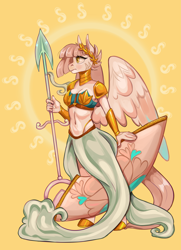Size: 2701x3729 | Tagged: safe, artist:corelle-vairel, oc, species:anthro, species:pegasus, species:pony, armor, clothing, female, mare, shield, skirt, solo, spear, weapon