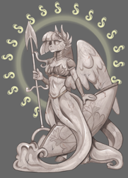 Size: 2701x3729 | Tagged: safe, artist:corelle-vairel, oc, species:anthro, species:pegasus, species:pony, armor, clothing, female, mare, shield, skirt, solo, spear, statue, weapon