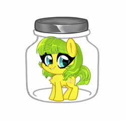 Size: 1800x1736 | Tagged: safe, alternate version, artist:techycutie, oc, oc only, oc:lemon drop, species:earth pony, species:pony, earth pony oc, female, jar, lewd container meme, mare, simple background, smiling, solo, white background, ych result