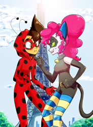 Size: 2200x3000 | Tagged: safe, artist:manic-the-lad, commissioner:imperfectxiii, character:pinkie pie, oc, oc:copper plume, my little pony:equestria girls, bedroom eyes, bell, belt, blushing, canon x oc, cat bell, cat ears, chat noir, chin scratch, clothing, cloud, commission, copperpie, cosplay, costume, crossover, eiffel tower, female, gloves, hoodie, insect, ladybug, long gloves, male, mask, miraculous ladybug, ponytail, shipping, sky, socks, straight, striped socks, striped stockings, sun, tail