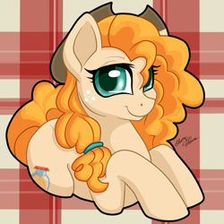 Size: 2995x2996 | Tagged: safe, artist:gleamydreams, character:pear butter, species:earth pony, species:pony, clothing, cowboy hat, cute, female, freckles, hat, high res, mare, pearabetes, plaid, prone, smiling, solo