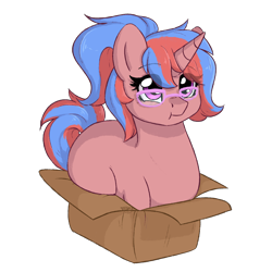 Size: 2000x2000 | Tagged: safe, artist:dreamy, artist:littledreamycat, oc, oc only, oc:bree, species:pony, box, commission, cute, glasses, if i fits i sits, pony in a box, simple background, solo, transparent background, your character here