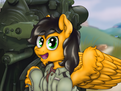 Size: 5000x3755 | Tagged: safe, artist:tai kai, oc, oc:twintails, species:pegasus, species:pony, artillery, clothing, howitzer, jacket, valley, vest