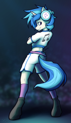 Size: 2300x4000 | Tagged: safe, artist:ohemo, character:dj pon-3, character:vinyl scratch, species:anthro, species:unguligrade anthro, abstract background, boots, clothing, female, high res, hoof boots, kneesocks, looking at you, looking back, midriff, profile, shoes, short shirt, shorts, smiling, socks, solo