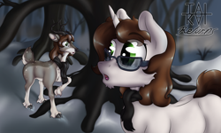 Size: 5000x3000 | Tagged: safe, artist:tai kai, oc, oc:tai, species:pony, species:unicorn, antlers, brown mane, clothing, curious, digital art, first meeting, forest, furry oc, glasses, green eyes, scarf, snow, white fur, winter