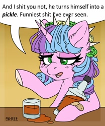 Size: 1024x1227 | Tagged: safe, artist:sk-ree, oc, oc:ivy lush, species:pony, species:unicorn, bottle, drunk, female, mare, pickle rick, rick and morty, solo, vulgar