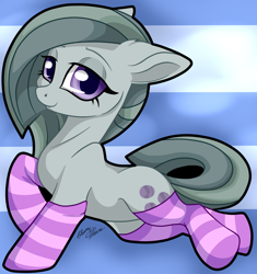 Size: 2944x3133 | Tagged: safe, artist:gleamydreams, character:marble pie, species:earth pony, species:pony, clothing, cute, female, floppy ears, lidded eyes, looking at you, marblebetes, mare, smiling, socks, solo, striped socks